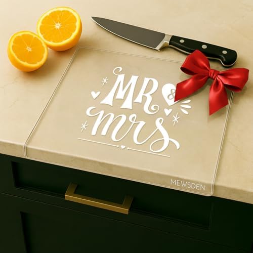 Engagement Gifts Wedding Gift for Couples - Engraved Acrylic Cutting Board with Counter Lip, Clear Countertop Protector, Bride Shower Gift Mr and Mrs Gifts for Couple Aesthetic Kitchen Decor