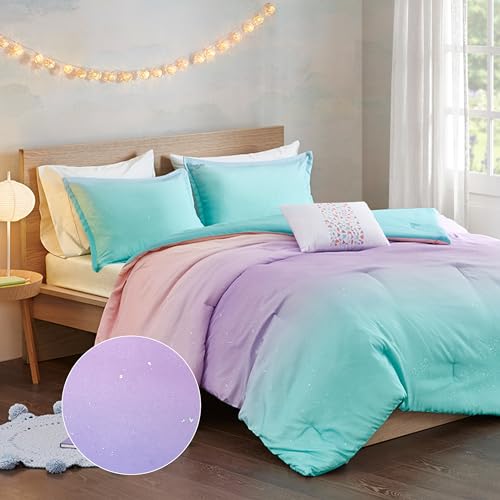 Mi Zone Twin Comforter Set Reversible Bed Comforter Metallic Glitter Ombre Printed for Dorm College Girls, All Season Bedding Set, Sham & Toss Pillow, Glimmer Pink Purple Rainbow Twin/Twin XL 3 Piece
