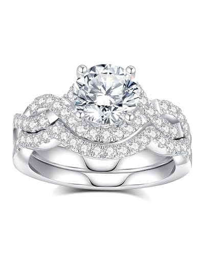 Moissanite Rings for Women Moissanite Bridal Ring Sets Wedding Band Round Cut D Color VVS1 S925 Sterling Silver with 18K White Gold Plated Engagement Promise Valentine's Day Gift2