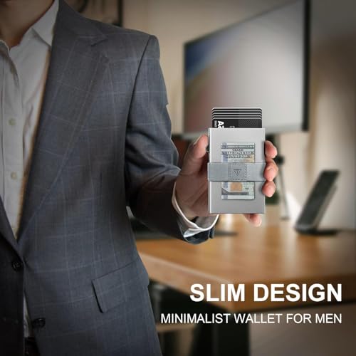 Image of TOYFID Minimalist Wallet for Men,Slim Wallet Compatible with AirTag,Card Holder Metal Wallet,Pop Up Wallet,Metal Card Holder,Quick Access Card,Rfid Blocking Protection,Hold 12+ Credit Cards (Silver)