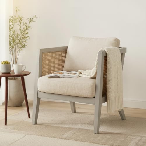 Image of APRODZ Solid Wood Accent Chair for Living Room Mid Century Modern Wooden Upholstered Armchair with Cushion Lounge Chair Cane Back Wooden Frame for Living Room Bedroom Office Seating (Light Grey)