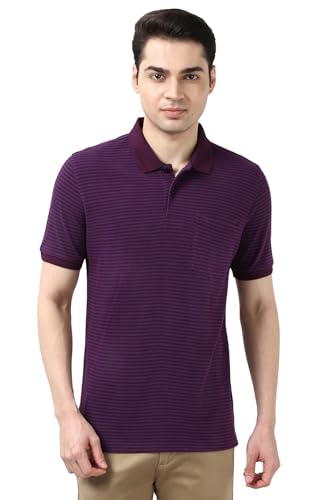 Image of Peter England Men's Cotton-Polyester Fine Stripe Polo T-Shirt - Casual Wear | Sleek & Comfortable