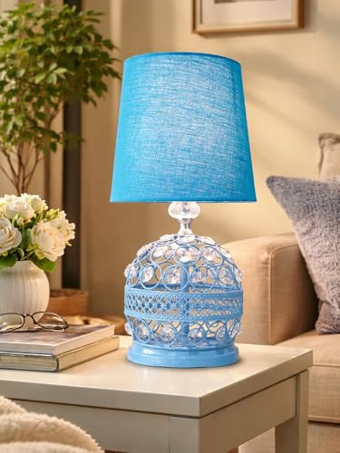 Image of Modern Small Crystal Table Lamp,Contemporary Bedroom Bedside Nightstand Lamp,Morden Minimalist, Desk Globe Lamp for Living Room Girls Kids Room, White Fabric Shade (Blue)