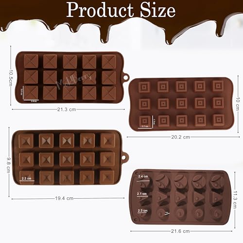 Image of MoldBerry Silicone Chocolate Mould Set of 4 - Square, Round & Triangle Candy‑Jelly Chocolate Making Moulds - Flexible, Non‑Stick Baking Tray for Chocolate, Candy, Jelly
