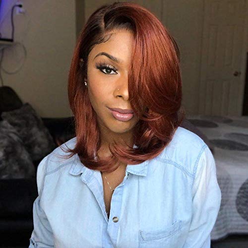 Ombre Copper Red Natural Wavy Hair Wig Short Bob Wigs for Women Shoulder Length Wigs for Women Bob Style Synthetic Heat Resistant Bob Wigs (14 inch)