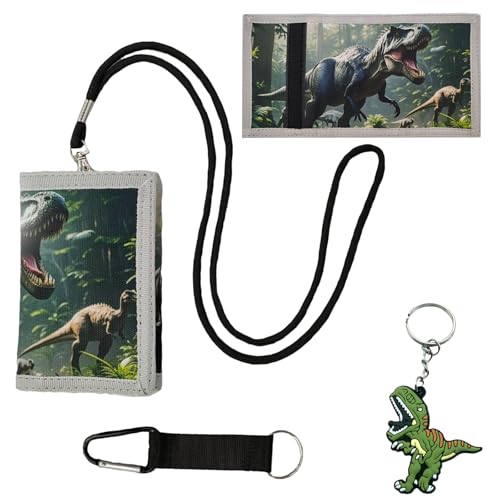 DINGFENG Kinder Brustbeutel Dinosaurier – Geldbeutel Jungen Mädchen mit Umhängeband & Schlüsselanhänger 3- Portmonee Fach Klappbar für Schule Reisen Portemonnaie Kinder (Grün)