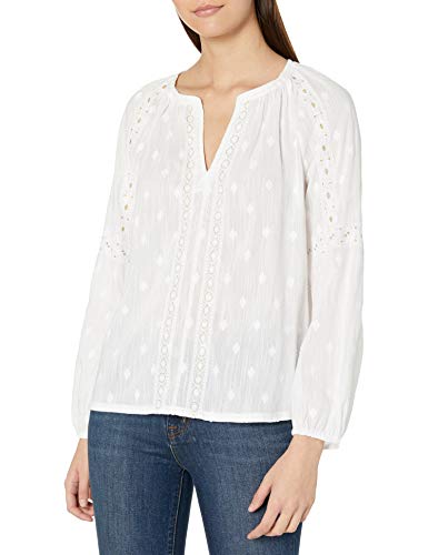 Lucky Brand Women's Long Sleeve Embroidered Peasant Top, Bright White, Small