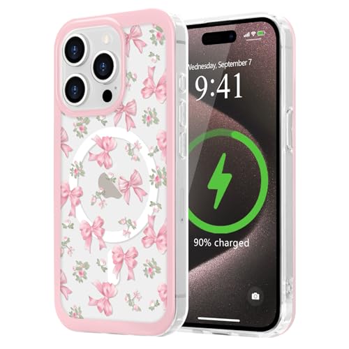 LCHULLE Cover Magnetica Per IPhone 13 Pro Max – Trasparente Con Fiocco Rosa, Compatibile MagSafe