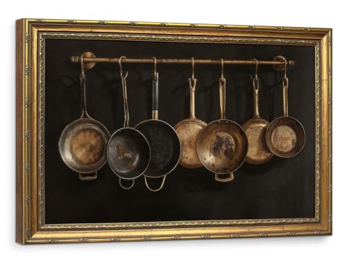 Large Dark Academia Kitchen Wall Art Gold Framed, Moody Vintage Copper Pots Still Life Canvas Print, Statement Antique Wall Art for Dining Room Coffee Bar 16x24 Inch