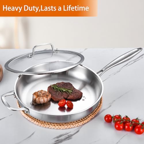DELARLO Tri-Ply Stainless Steel Pan with Lid 12inch丨Compatible with All Cooktops Up to 600℉丨Stainless Steel Skillet 12 inch丨Heavy Duty丨Frying Pan with Lid丨18/10 Large Cooking Surface - Thumbnail 2