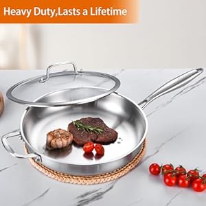   DELARLO-Tri-Ply-Stainless-Steel-Pan-with-Lid-12inchCompatible-with-All-Cooktops-Up-to-600Stainless-Steel-Skillet-12-inchHeavy-DutyFrying-Pan-with-Lid1810-Large-Cooking-SurfaceOmelette-Pan