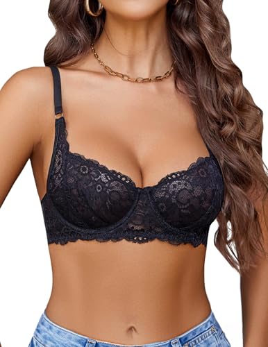 Avidlove Damen Dirndl BH Spitze Bralette Klassische Bügel Bra Sexy Floraler Cup Bra Balconette Push Up BHS Verstellbare Strapsen Komfort BH-Unterwäsche SchwarzL