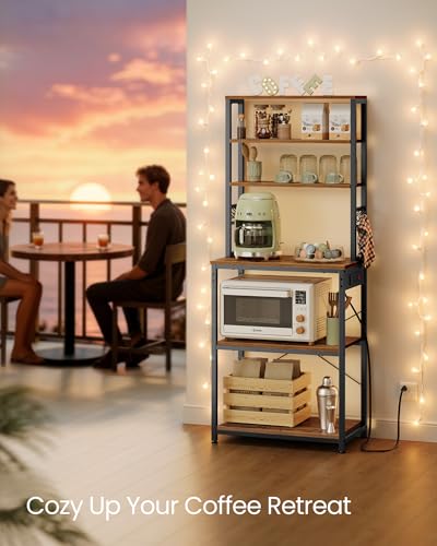 Image of VASAGLE Bakers Rack with Power Outlet, 23.6 Inches Coffee Bar for Kitchen with Storage, 6-Tier Kitchen Shelves with 6 Hooks, Microwave Stand, Industrial, Rustic Brown and Ink Black UKKS124K03