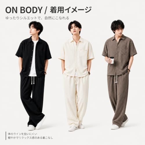 メンズ セットアップ リネンライク 半袖シャツ ワイドパンツ イージーパンツ オープンカラー ゆったり 春夏秋 (ブラック,L) [2]