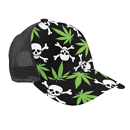 Casquette de baseball unisexe avec motif feuille de cannabis et crânes 3D réglable - Casquette de baseball à bord incurvé - Noir, Black, taille unique Cover