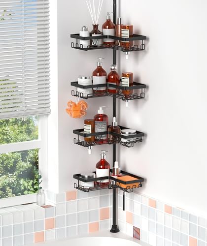 ZUNTO Telescopica Mensola Doccia Angolare - Telescopica Regolabile 63,5 a 290 cm - 4 Vassoi Portaoggetti per Bagno, Antiscivolo e Facile da Installare