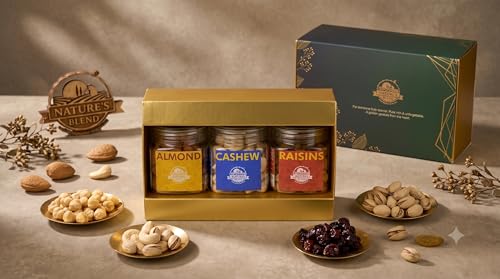 Image of Nature's Blend Essential Dry Fruits Selected Gift Set | Festive New| Badam Kaju Kishmish | Pack of 3 x 300g Jars | Healthy Gifting for all occassion | Almond, Cashew, Raisins | Perfect Corporate & Festive Dry Fruit Gift Hampers | Perfect Corporate Gift Hamper