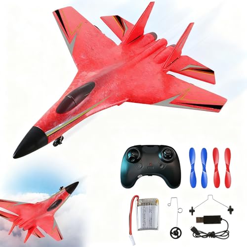 2026 New RC Airplane, 2. 4GHz Remote Control Airplane with Gyro Stabilizer & LED Lights, Rechargeable Gravity Glider Foam RC Fighter Model, Easy to Fly RC Glider Jet Toy for Kids Adults Gifts (Red)
