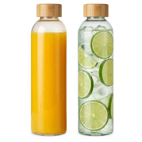 Image of LIMILI Glass Bottles With Bamboo Lids, 2Pcs 750ML Water Bottles, Leak Proof Reusable Drinking Bottles for Hot Cold Drinks, Work, Gym, Home (750ml - 2pcs)