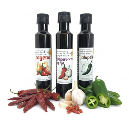 Villaolivo – Pack Amantes del Picante | 3x250ml Aceites de Oliva Virgen Extra Aromatizados con Cayena Jalapeño y Ajo-Chile | Intensos Sabores Gourmet | Ideal para Cocina Picante y Regalo Original