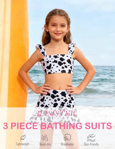 Image of ALISISTER Girls Swimsuit 3 Piece Bathing Suits Summer Bikini Tankini Sets with Cover Up Skirt for 4-12 Years