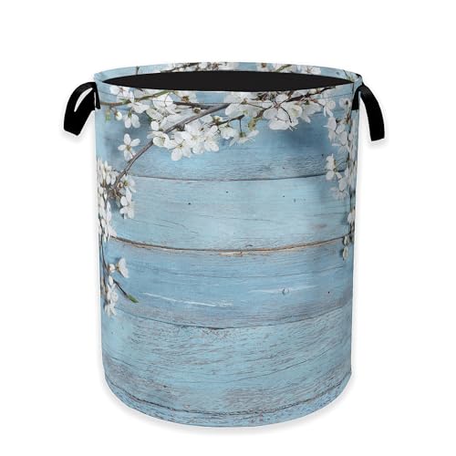 Image of Spring Flowers Laundry Hamper,Rustic Blue Woodboard Clothes Hamper for Laundry,Waterproof Oxford Toy Storage Collapsible Hampers for Bedroom, Dorm Room,Bathroom,16x20 Inch