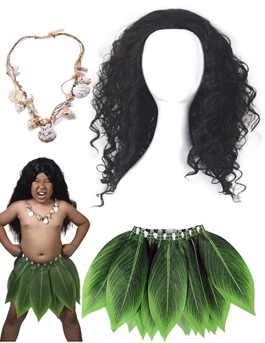 AENPIMGER Kids Polynesi Heroes Costume Boys Hawaii gods Wig Leaf Hula Skirt Tutu Shell Necklace For Halloween Cosplay
