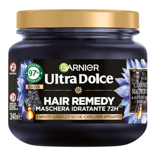 Garnier Ultra Dolce Carbone Magnetico, Maschera Idratante Hair Remedy, 97% Origine Naturale, 1 Minuto di Posa, Per Lunghezze Secche, Senza Siliconi, 340 ml