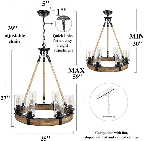 Ktol Farmhouse Chandelier For Dining Rooms, 6-Light Wagon Wheel Chandelier, Hemp Rope Wood Chandelier With Seeded Glass Shade, 25'' Dia,Farmhouse Lighting Ceiling For Living Room Bedroom Dining Room #TOP2