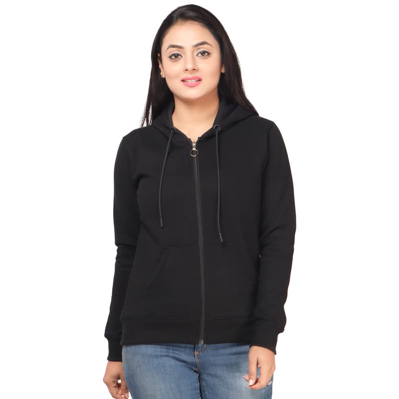 Winter Wear Solid Zipper Full Sleeve Fleece Pullover Hoodies for Women's (651Black)-image-0