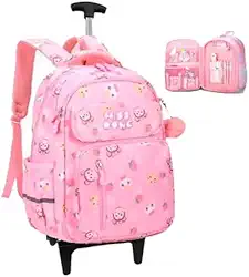 Mochila Escolar com Rodinha, Compartimento para guardar lap?s, caneta e objetos mochila de carrinho resistente ? ?gua (Miss rosa)