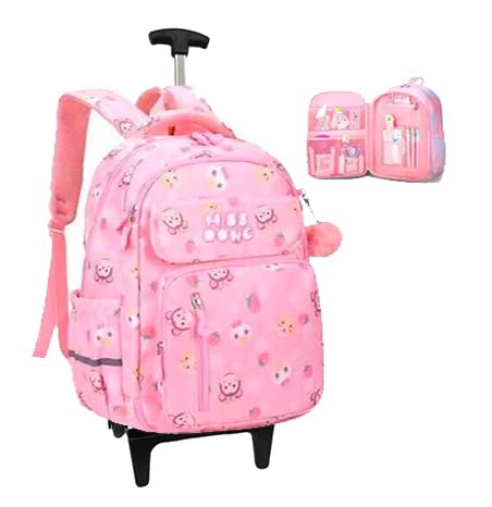 Mochila Escolar com Rodinha, Compartimento para guardar lap?s, caneta e objetos mochila de carrinho resistente ? ?gua (Miss rosa)