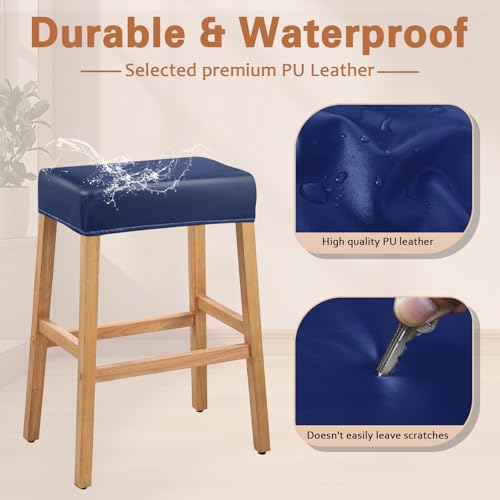 Image of PU Leather Bar Stool Covers Rectangular, 100% Waterproof Stool Covers Rectangle Super Stretch 20% Thicker Leather Saddle Stools Cover Rectangular Counter Bar Stools with Elastic Band (4 PCS, Navy)