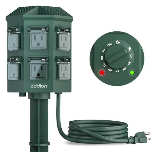 addlon 9FT Heavy Duty Outdoor Power Stake Timer Waterproof, 14AWG 15A-125V-1875W, 6 Outlets, Weatherproof, Perfect for Outdoor Lights, Sprinklers and Christmas Lights, ETL Listed addlon 9FT Heavy Duty Outdoor Power Stake Timer Waterproof, 14AWG 15A-125V-1875W, 6 Outlets, Weatherproof, Perfect for Outdoor Lights, Sprinklers and Christmas Lights, ETL Listed