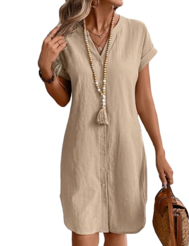IDEALSANXUN Womens Linen Dress Spring Summer Casual Lightweight Cap Sleeve V Neck Midi Button Down Shirt Dresses