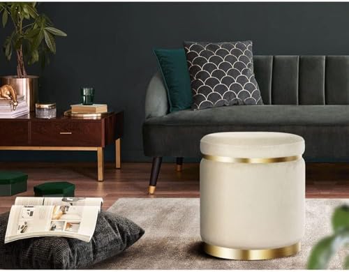 Image of Velvet Puffy Ottoman Stool, Round Footrest with Diamond Quilting and Gold Base, Grey, for Living Room, Bedroom and Dressing Area Grey (Cream)
