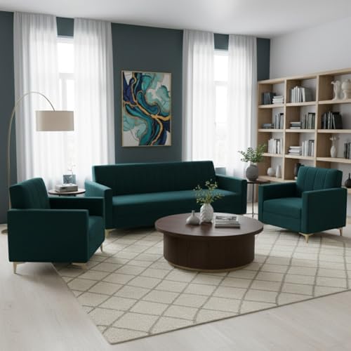 Image of Marvello 3+1+1 Fabric Sofa Set for Living Room | Soft Velvet Upholstery, Sturdy Wooden Frame | Stylish Sofa for Hall & Office Spaces (Green Teal)