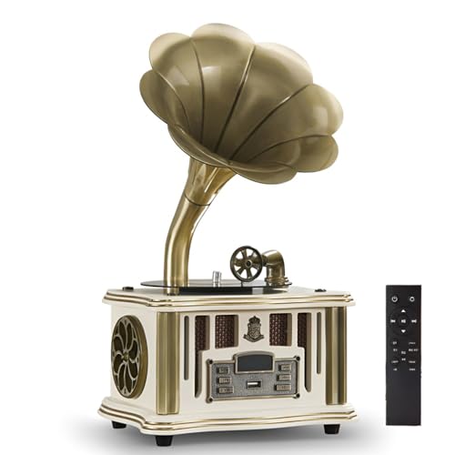Vintage Gramophone Bluetooth Speaker, Type C Rechargeable Nostalgic Vintage Gramophone, Mini Bronze Vintage Retro Classic Style Gramophone Shape Speaker, Wireless Bluetooth 5.0 Speaker with FM Radio