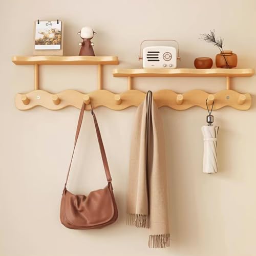 Estantes flotantes con ganchos, estante de pared de madera maciza para abrigos, llaves y plantas, exhibición de montaje versátil para baño, dormitorio, sala de estar, entrada, oficina, lavandería
