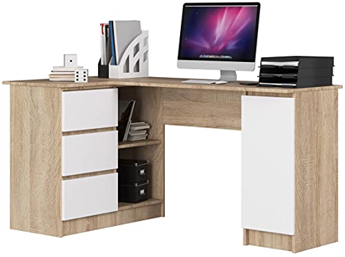 AKORD Bureau Ordinateur D`Angle B-20 | L155 x H77 x P85 60 kg | 3 Tiroirs 2 Étagères Étagère avec Porte | Grand Bureau de Chambre PC Desk Table