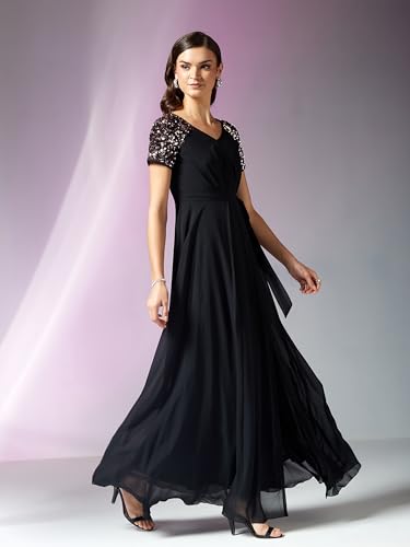 Image of Miss Chase Women's Round Neck Sleeve Embellished Fit Flare Maxi Dress