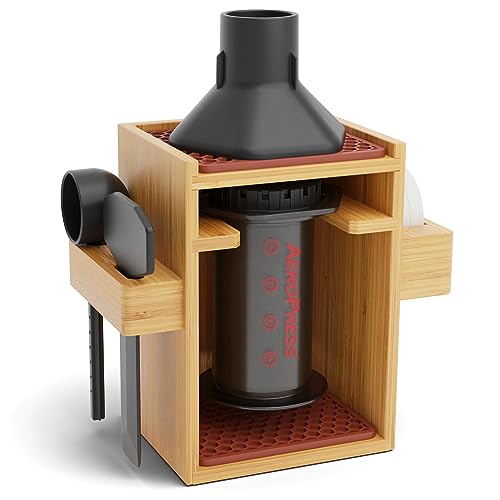HEXNUB – Compact AeroPress Organizer Stand, Bamboo Coffee Caddy for AeroPress Coffee Maker, Accessories, Filters, Cups, Includes Mats - Brown
