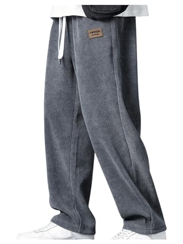 Men's Baggy Pants Tie Front Drawstring Waist Corduroy Pants Casual Loose Straight Leg Pants Trousers