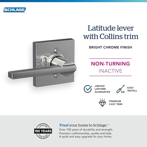 Image of Schlage F170 LAT 625 COL Latitude Lever with Collins Trim Non-Turning Dummy Door Handle, Bright Chrome