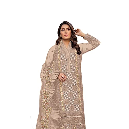 Image of Miss Ethnik Women's Faux Georgette Semi Stitched Top With Unstitched Bottom and Nazmin Dupatta Embroidered Straight Kurta Dress Material (Pakistani Salwar Suit)