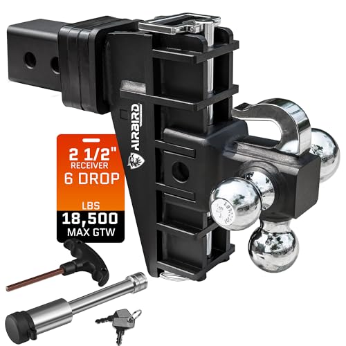 AIRBIRD Adjustable Trailer Hitch Fits 2.5-Inch Receiver, Anti-Rattle Tow Hitch (18500 LBS GTW) 6 Inch Drop Truck Hitch Tri-Ball Mount with Hook (1-7/8" x 2" x 2-5/16")