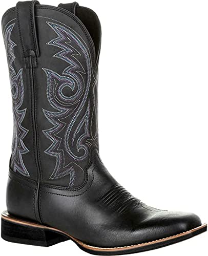 KKPW Męskie buty kowbojskie, szerokie, klasyczne, vintage, średnie łydki, buty westernowe, haftowane, spiczaste noski, obcas blokowy, wsuwane, długie kozaki