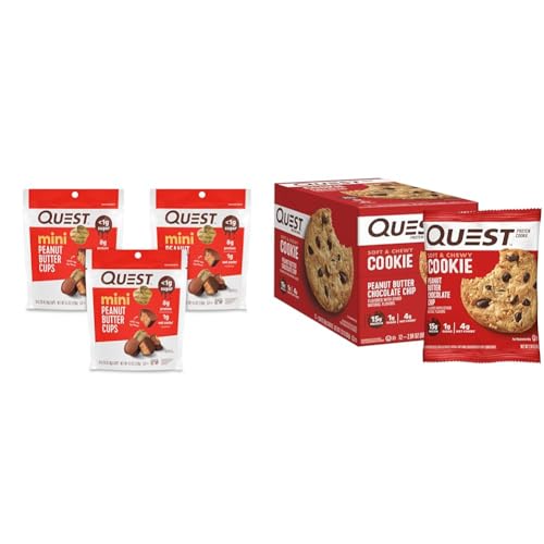 Quest Mini Peanut Butter Cups (16 Count, Pack of 3) and Peanut Butter Chocolate Chip Protein Cookies (12 Count, Pack of 1) Bundle -  Quest Nutrition