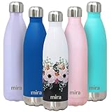 MIRA Stainless Steel Vacuum Insulated Travel Water Bottle | Leak-Proof Double Walled Cola Shape Sports Water Bottle | No Sweating, Keeps Your Drink Hot & Cold | 25 oz (750 ml) | Peonies