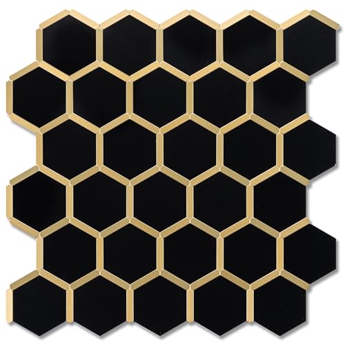 Peel & Stick Hexagon Black Marble Gold Backsplash, 10-Pack 8 Sq Ft by V-MOZZA - Used condition - US$35.94